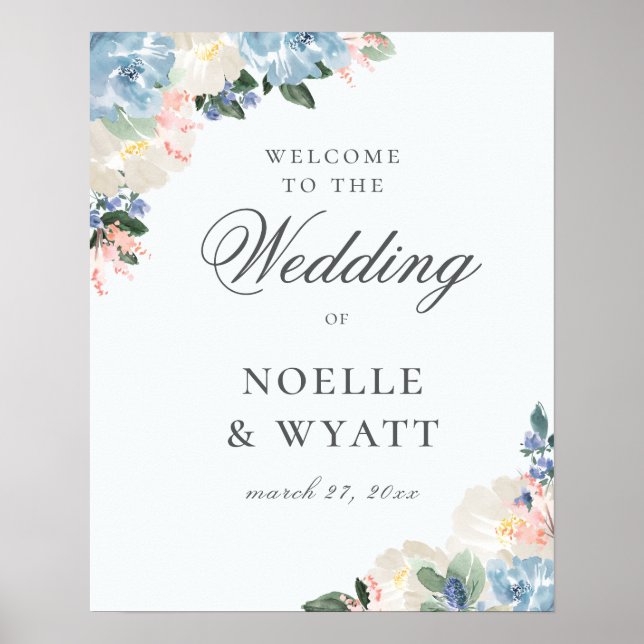 Affiche Élégant Accueil de Mariage Botanique Bleu Clair (Devant)