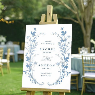 Affiche Élégant Accueil de Mariage Botanique Bleu Français