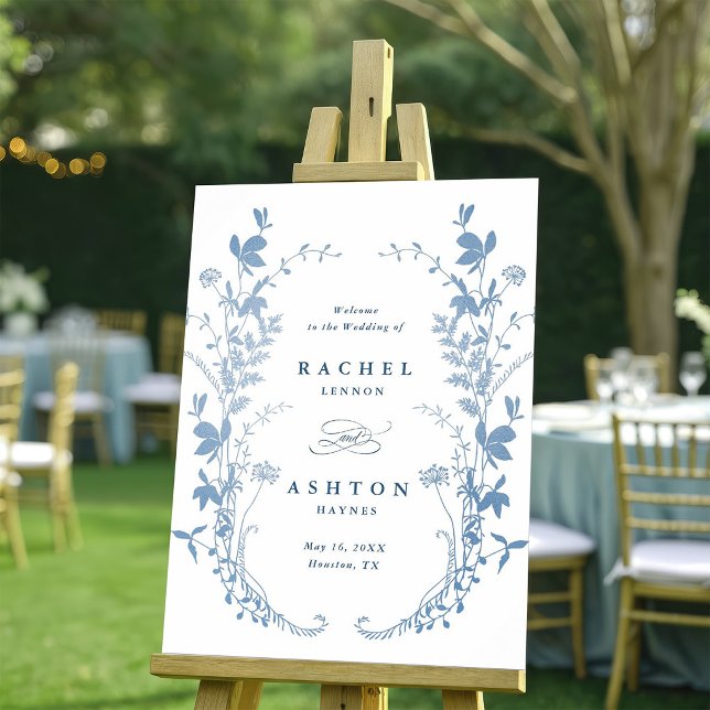 Affiche Élégant Accueil de Mariage Botanique Bleu Français (Créateur téléchargé)