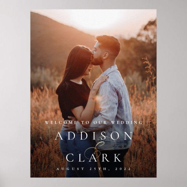 Affiche Élégant Accueil de Mariage Photo Écriture Or (Devant)