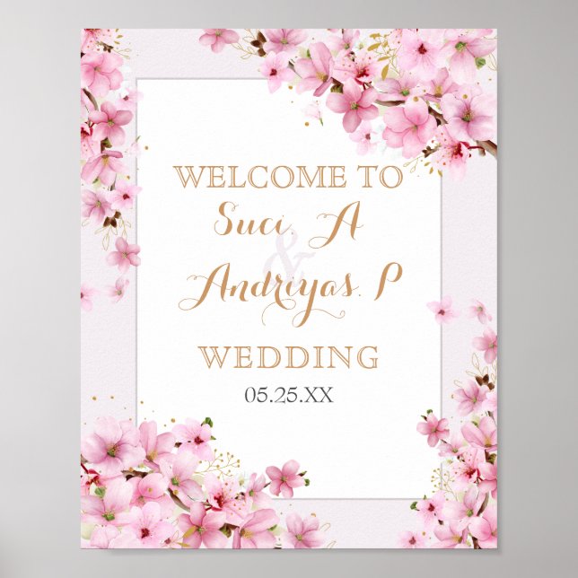Affiche Elégant Aquarelle Cerisier Fleur Printemps Mariage (Devant)