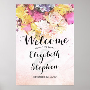 Affiche Élégant Aquarelle Fleurie Mariage Bienvenue