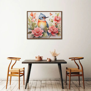 Affiche Elégant aquarelle Oiseau Floral Art Réaliste