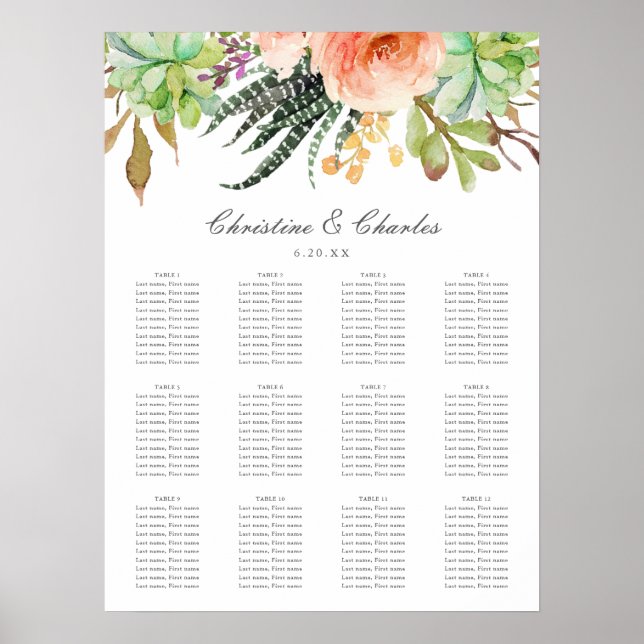 Affiche Elégant aquarelle Succulent Mariage Seating Chart (Devant)