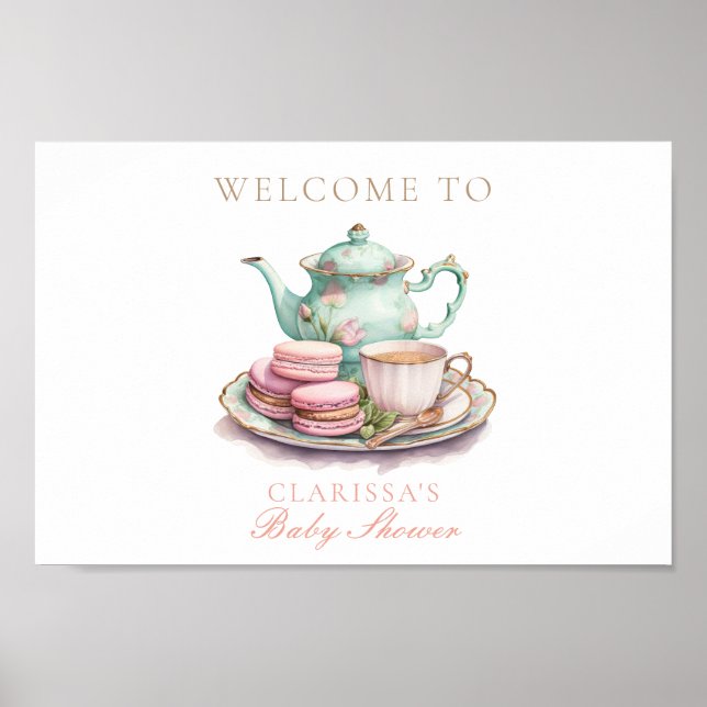 Affiche Elégant Aquarelle Tea Party Gold Baby shower rose (Devant)