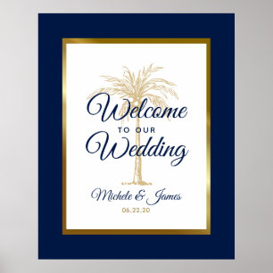 Affiche Élégant Arbre à Palmes Doré Bleu Marine Mariage Bi