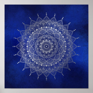 Affiche Elégant argent sur le bleu profond floral Henna Ma