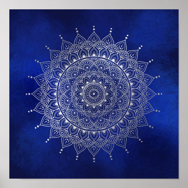 Affiche Elégant argent sur le bleu profond floral Henna Ma (Devant)
