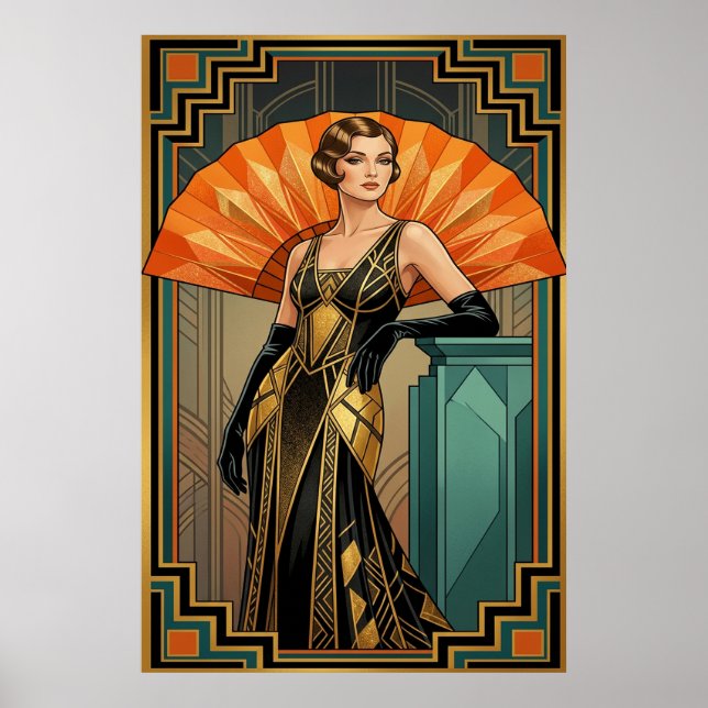 Affiche Elegant Art Deco Gatsby Woman Portrait Gold (Devant)