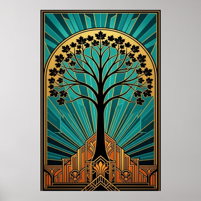 Affiche Elegant Art Deco Maple Tree Silhouette Gold Teal (Devant)