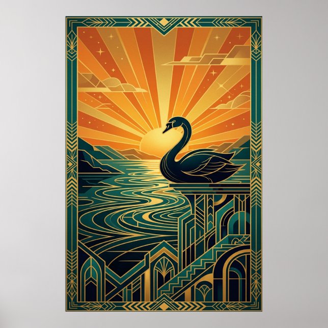 Affiche Elegant Art Deco Swan Sunset Lake (Devant)