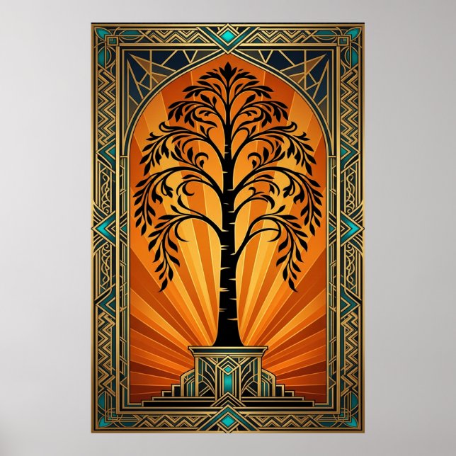 Affiche Elegant Art Deco Willow Tree Sunset Gold (Devant)