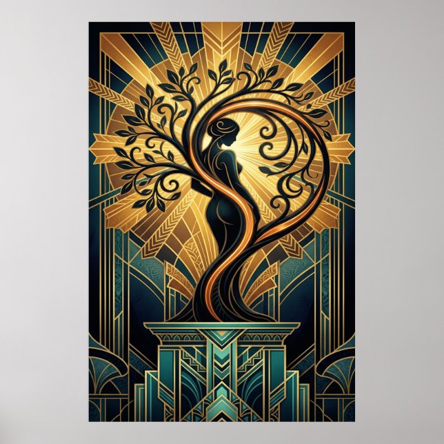 Affiche Elegant Art Deco Woman Tree Silhouette Black Gold  (Devant)