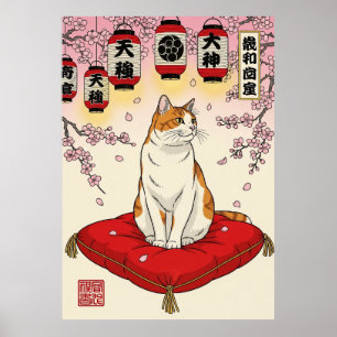 Affiche Élégant Art Japonais Chat Coussin Rouge Cerisier