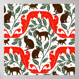 Affiche Élégant Art Nouveau Rouge Brown-Noir Chat-