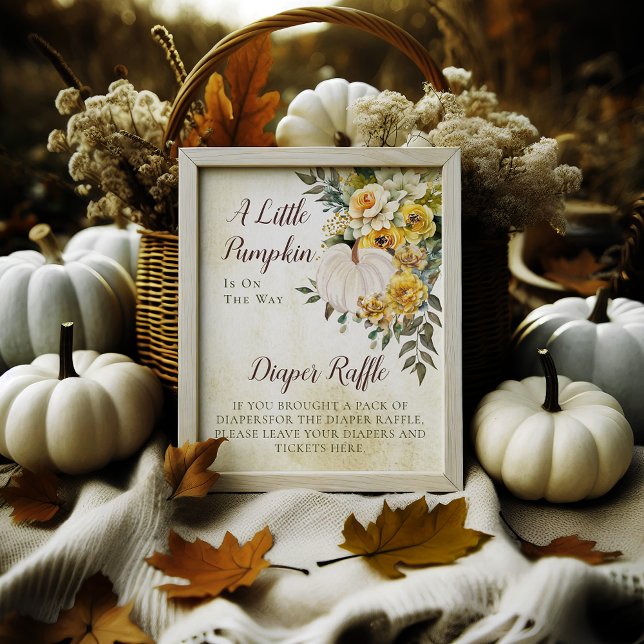 Affiche Élégant automne or floral | Raffle citrouille ("A Little Pumpkin Is On The Way" White Pumpkin and Gold Floral Baby Shower Diaper Raffle Poster Sign)