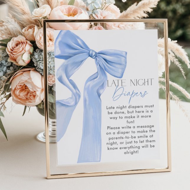 Affiche Elégant Baby shower Bleu Bow Late Night Diapers (Créateur téléchargé)