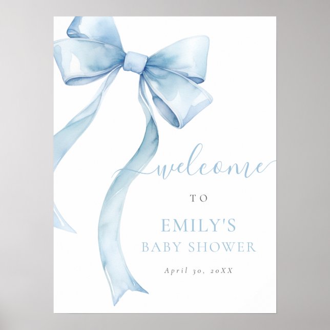 Affiche Elégant Baby shower Bow Boy Coquette Bleu Bienvenu (Devant)