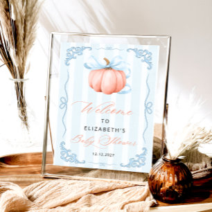 Affiche Elégant Baby shower Citrouille Bleu Bow
