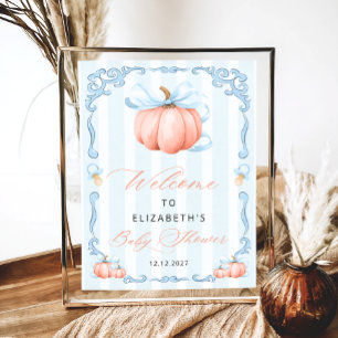 Affiche Élégant Baby shower Citrouille bleu Bow mou