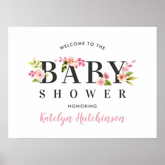 Affiche Elégant Baby shower d'aquarelle rose Floral Bienve (Devant)