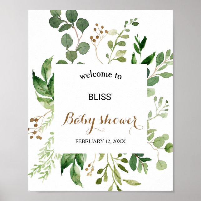 Affiche Elégant Baby shower de verdure Eucalyptus Bienvenu (Devant)