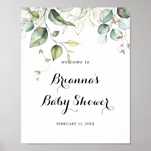 Affiche Elégant Baby shower de verdure or Bienvenue (Devant)