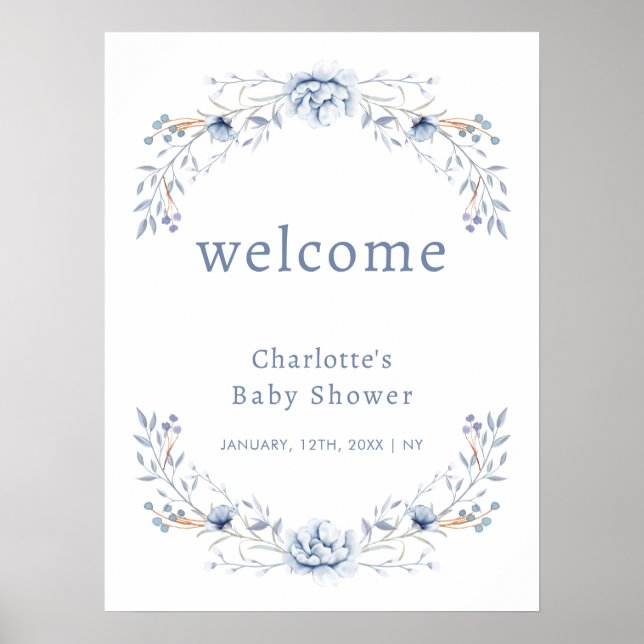 Affiche Elégant Baby shower Floral Bleu d'hiver Bienvenue (Devant)