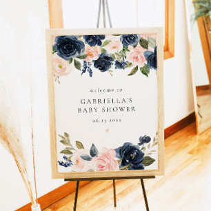 Affiche Elégant Baby shower floral bleu marine Bienvenue