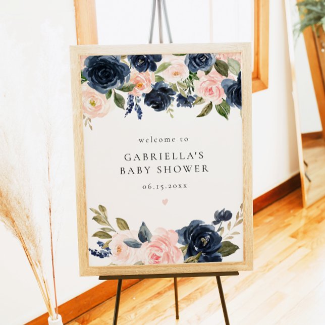 Affiche Elégant Baby shower floral bleu marine Bienvenue (Créateur téléchargé)