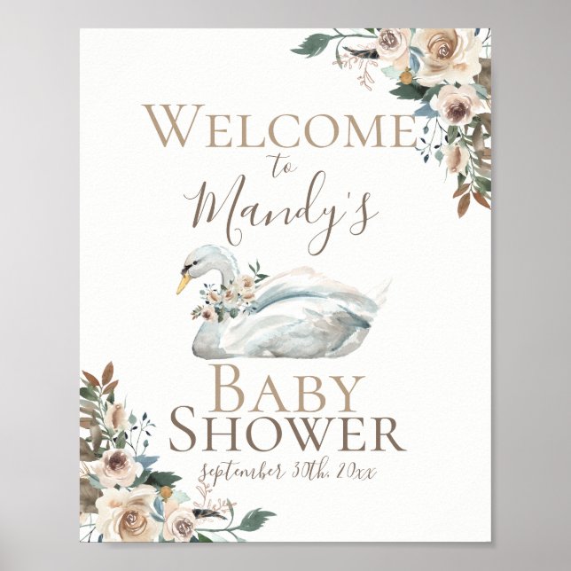 Affiche Elégant Baby shower floral de cygne Neutre Bienven (Devant)