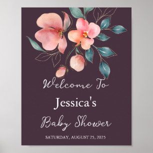 Affiche Élégant Baby shower floral moderne rose et or
