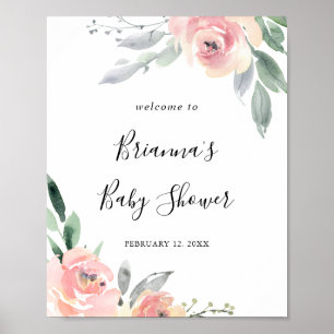 Affiche Elégant Baby shower Floral Rose Blush Bienvenue