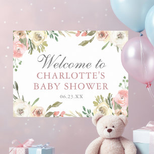 Affiche Elégant Baby shower Floral rose Fille Bienvenue