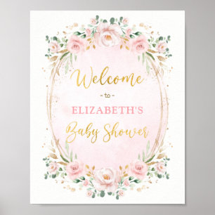Affiche Elégant Baby shower floral rose rose or rose