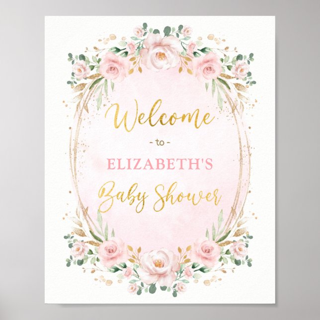 Affiche Elégant Baby shower floral rose rose or rose (Devant)