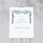 Affiche Elégant Baby shower Garçon Blue Bow Greenery Bienv<br><div class="desc">Elégant Baby shower de Boy Boy Blue Green Poster de bienvenue. Cliquez sur le bouton personnaliser/modifier avec l'outil de conception pour customiser cette conception avec les détails de votre événement.</div>