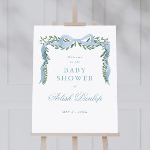 Affiche Elégant Baby shower Garçon Blue Bow Greenery Bienv