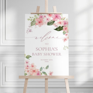 Affiche Elégant Baby shower rose Sakura Flowers Bienvenue
