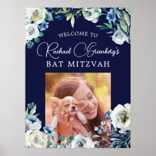 Affiche Elégant Bat mitzvah floral bleu marine Bienvenue