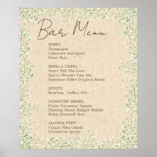 Affiche Élégant Bébé's Breath Floral Mariage Bar Menu Sign