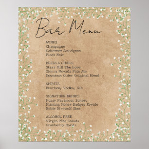 Affiche Élégant Bébé's Breath Floral Mariage Bar Menu Sign