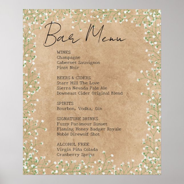 Affiche Élégant Bébé's Breath Floral Mariage Bar Menu Sign (Devant)