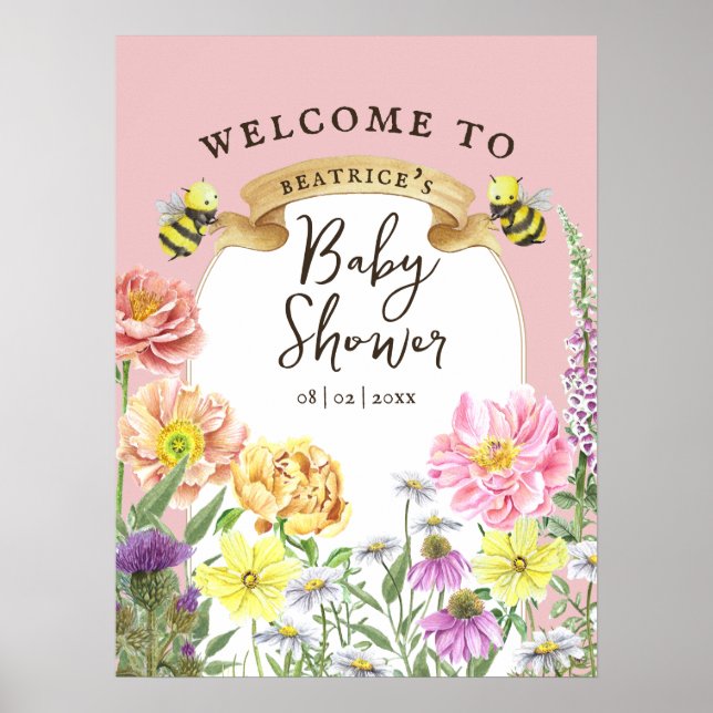 Affiche Elegant Bee et Baby shower Fleur sauvage Bienvenue (Devant)