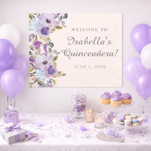 Affiche Élégant Bienvenue Quinceañera Fleurie Bleu Lilas