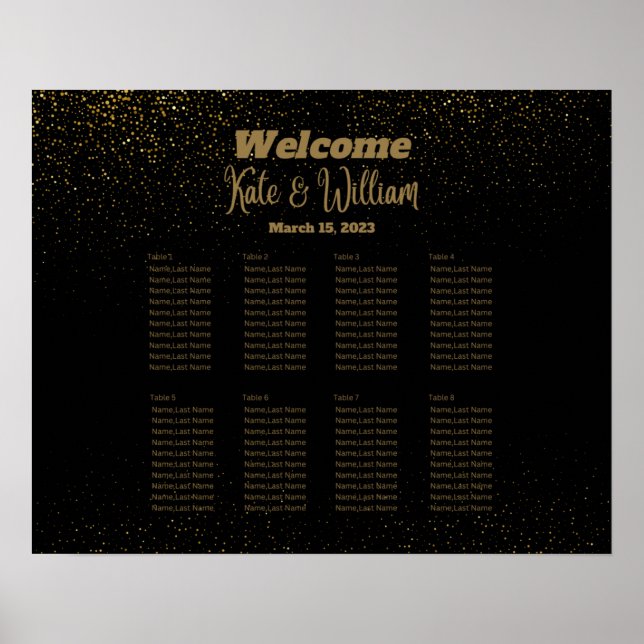 Affiche Elégant Black & Gold 8 tables Seating Chart (Devant)