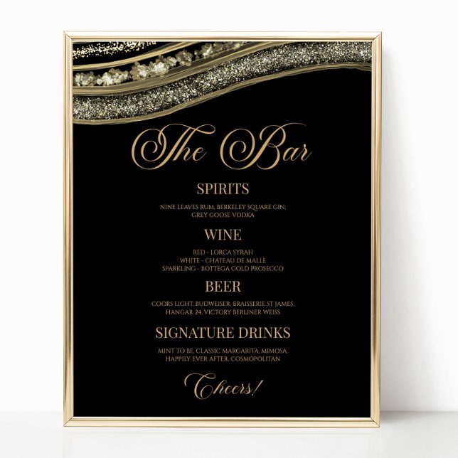 Affiche Elegant Black Gold Agate Party Bar Menu Sign (Créateur téléchargé)