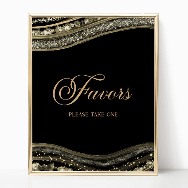 Affiche Elegant Black Gold Agate Party Favors Sign (Créateur téléchargé)
