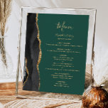 Affiche Elégant Black Gold Green Mariage Menu Table<br><div class="desc">Le bord gauche de cet élégant panneau de menu mariage moderne comporte une bordure en aquarelle noire ornée d'une parties scintillant en faux or. Le mot "Menu" apparaît en écriture manuscrite de couleur or sur un arrière - plan vert émeraude foncé. Personnalisez le texte restant avec les noms du couple,...</div>