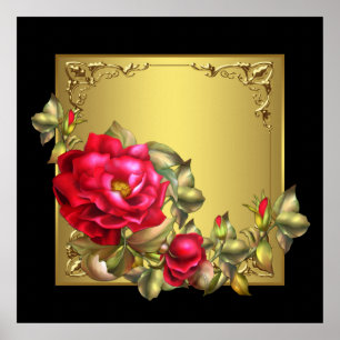 Affiche Elegant Black Gold Red Rose Art Print
